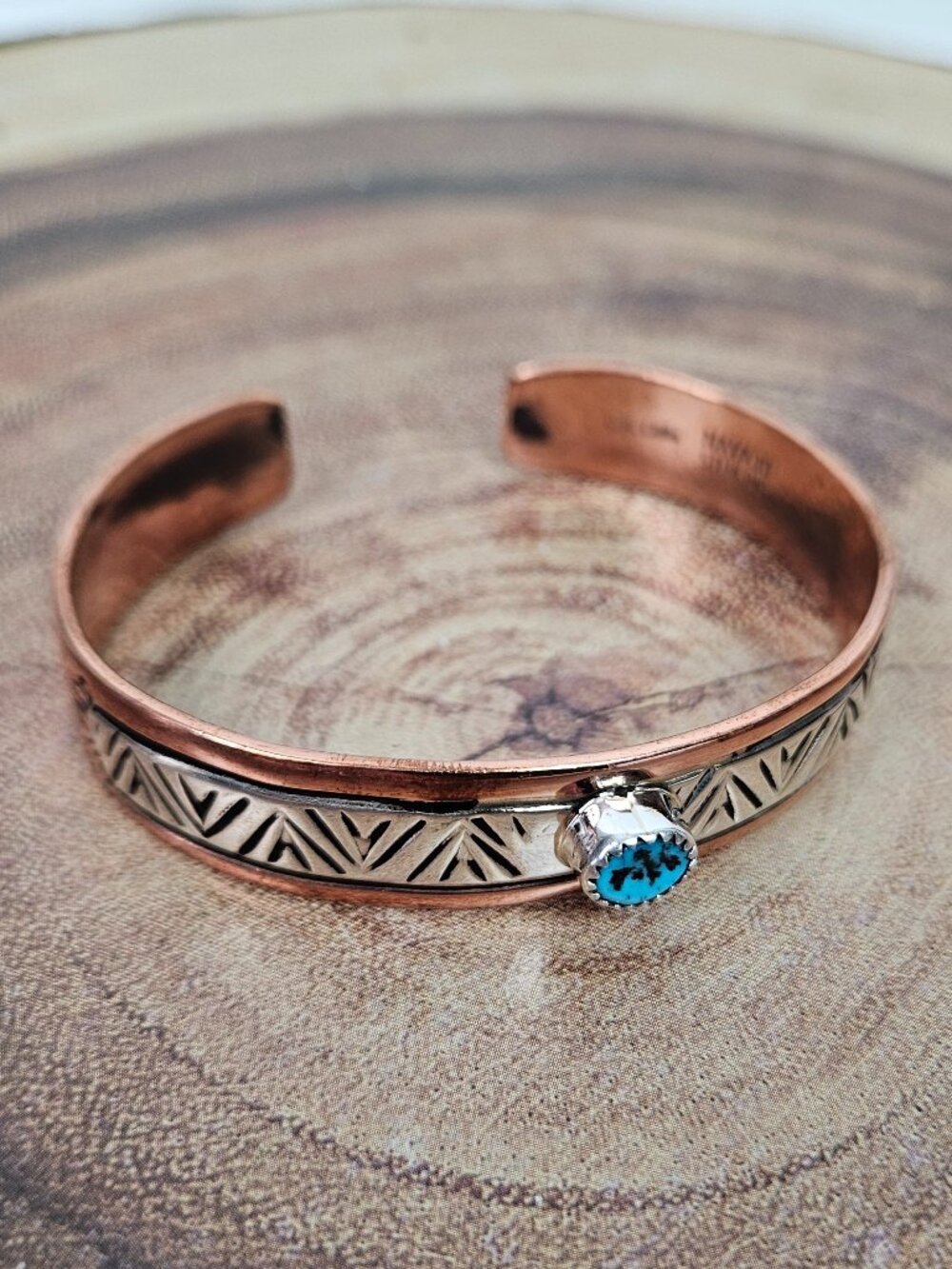 C.R. Little Navajo Sterling Silver Copper Hand Stamped Turquoise Cuff Bracelet